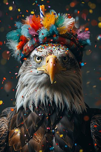 Grappige adelaar met feesthoed viert verjaardag in een regen van confetti