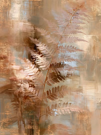 Abstract painting of ferns in beige and warm earth tones by Lina van Oers