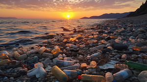 Szene mit Plastikmüll am Meer