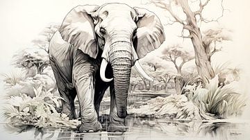 dessin à la plume d'un éléphant sur Gelissen Artworks