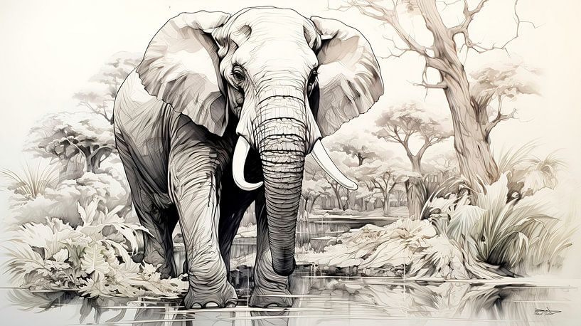 pen drawing of an elephant by Gelissen Artworks