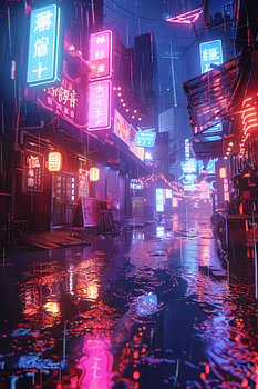 Futuristisch cyberpunk-steegje: neonlicht en regen