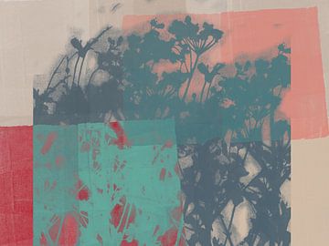 Blaugrüne Blüten auf Rot, Rosa und Weiß von Dina Dankers