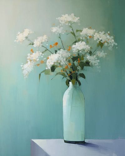 Stilleben einer Vase mit weißen Blumen