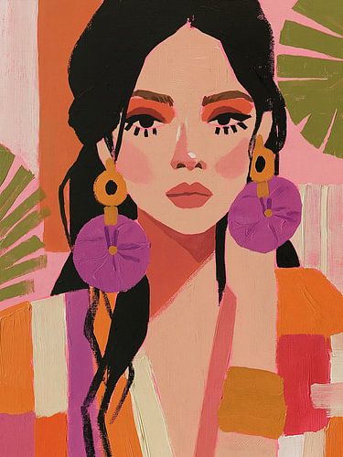 Roze en Oranje Portret met Paarse Oorbellen
