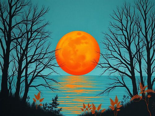 Majestueuze oranje maansopgang over rustig groenblauw water met silhouetten van winterbomen