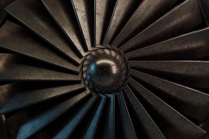 Oude roterende turbine verlicht door abstract neonlicht van Besa Art