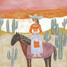 Desert Serenity - Cowgirl met paard in de woestijn | Moderne western kunst met cactussen van Bianca ter Riet