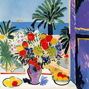 Sommerliche Blumenvase vor offenem Fenster