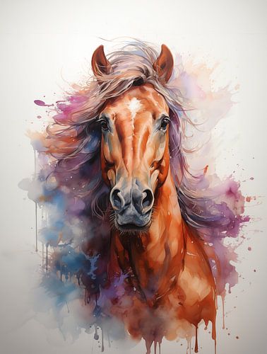 waterverf schilderij van een mooi voskleurig paard met bles