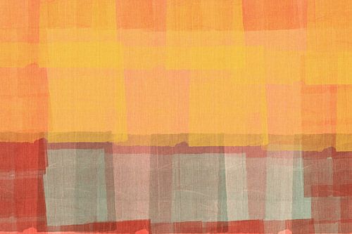 Abstract in warm geel, bruin, lichtblauw en rood.