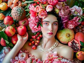 Woman in floral dress with fruit display