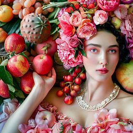 Vrouw in bloemenjurk met fruitdisplay van ArtMomente