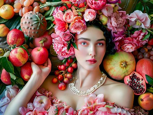 Femme en robe à fleurs devant un étalage de fruits