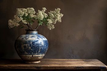 Stilleven blauwe vaas met witte bloemen