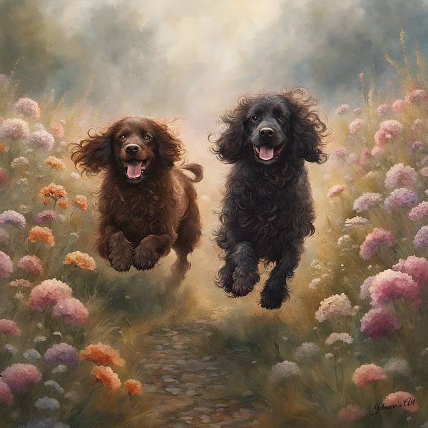 Irish Water Spaniel playing in a Flowerfield 2 by Johannas Art Creations