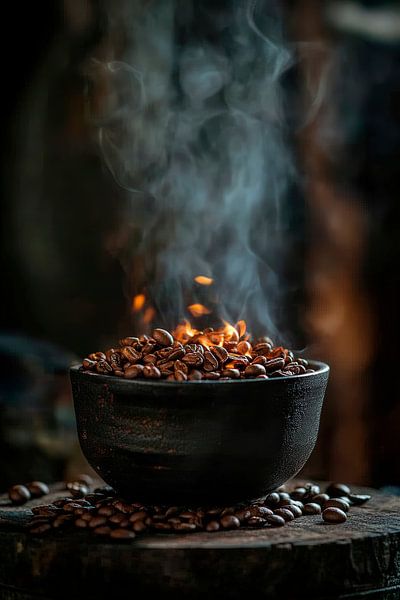 Steaming coffee beans in a black bowl by Poster Art Shop
