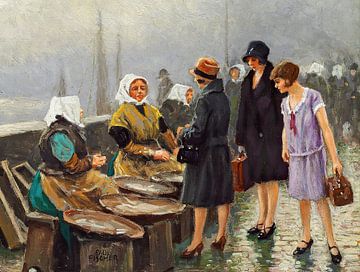 Drie jonge dames kopen verse vis op het strand van Gammel van Peter Balan