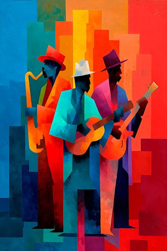 Modern musicians in front of colourful architecture