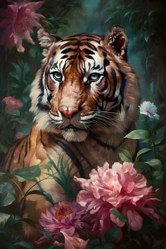 Tiger among jungle flowers by But First Framing