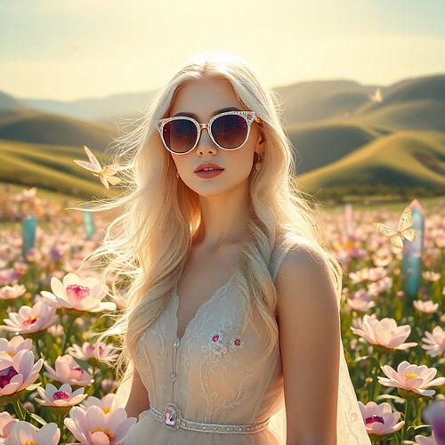 Boho Mystiek – Vrouw met Diamanten Bril in Edelsteen Bloemenveld