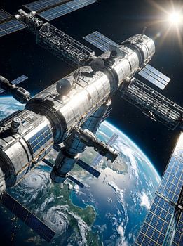 Futuristic space station orbiting earth