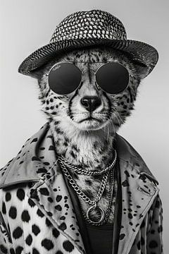 Stijlvolle cheetah met hoed en zonnebril in zwart en wit van Felix Brönnimann