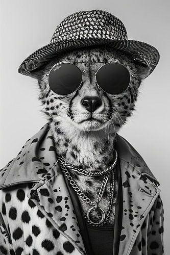 Guépard élégant avec chapeau et lunettes de soleil en noir et blanc