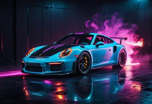 Porsche 911 GT3 RS Lichtblauw - Filmische neon rookshow