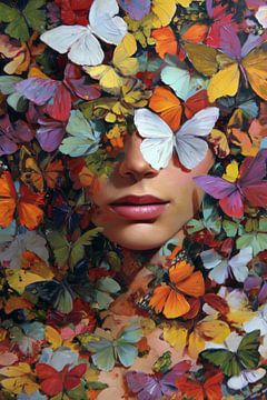 Modern portrait of a woman with colourful butterflies by Lauren Wilde