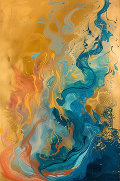 Abstracte blauw met gouden golven van Richard Rijsdijk