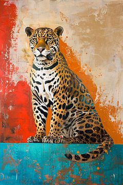 Kleurrijk abstract schilderij van een jaguar