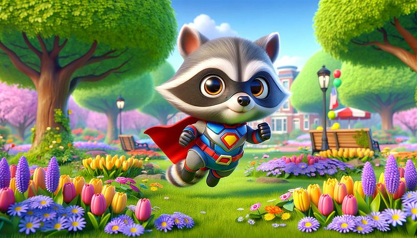 Fast raccoon saves the blooming park by artefacti