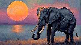 Eenzame olifant bij majestueuze zonsondergang van A.D. Digital ART