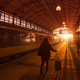 Silhouetten van reizigers op treinstation tijdens zonsondergang van Rob Kints