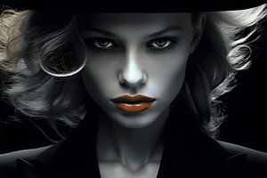 A penetrating portrait of a woman in a black hat , her gaze intense, her lips sensual.