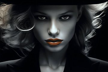 A penetrating portrait of a woman in a black hat , her gaze intense, her lips sensual. by Karina Brouwer