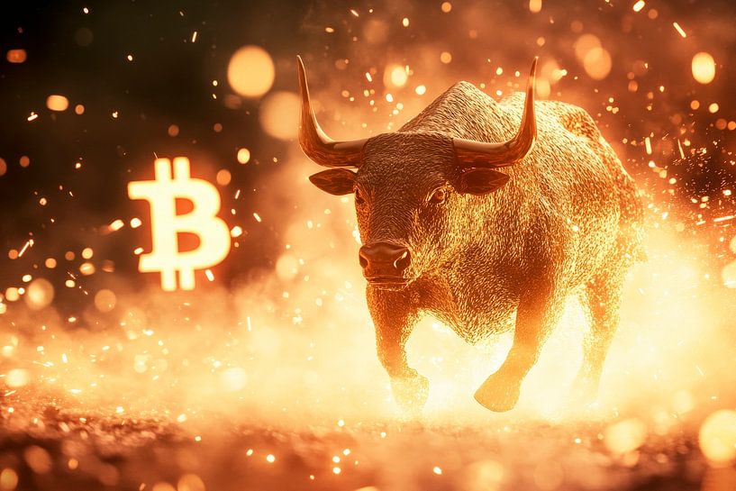 Bulle und Bitcoin in Flammen von Poster Art Shop