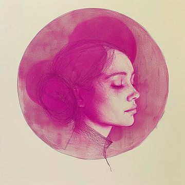 Pentekening portret vrouw in roze van Vlindertuin Art