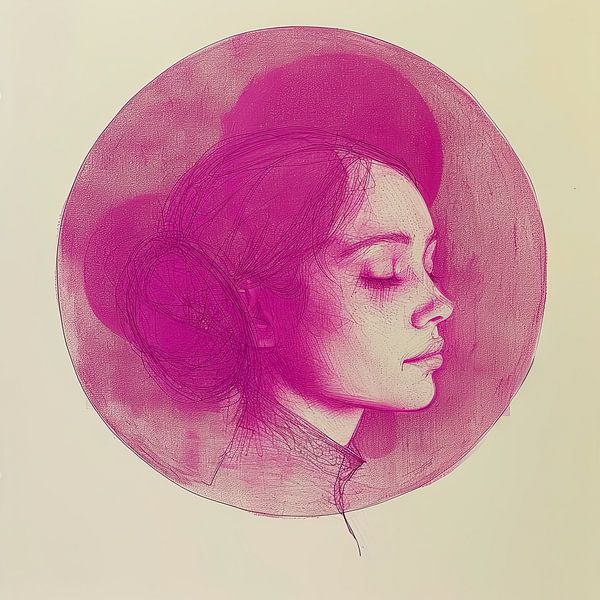 Pen drawing portrait woman in pink by Vlindertuin-Art
