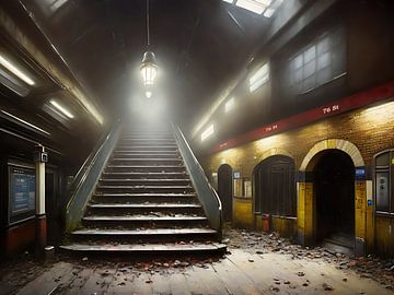 Een hal met trap in een verlaten metrostation van Retrotimes