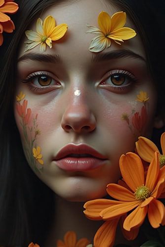 Bloemenpoëzie – Vrouwelijk Portret met Witte en Oranje Bloemaccenten