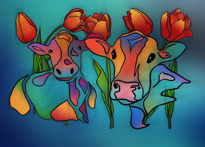 Koeien en Tulpen 2 van Yolanda Bruggeman