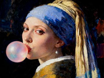 La fille à la boucle d'oreille en perle et à la bulle de chewing-gum sur FRESH Fine Art
