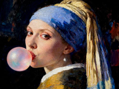 La fille à la boucle d'oreille en perle et à la bulle de chewing-gum