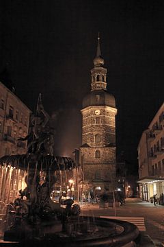 Marktplein en Sint-Janskerk in Bag Schandau bij nacht