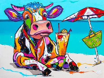 Vache joyeuse sur la plage sur Happy Paintings