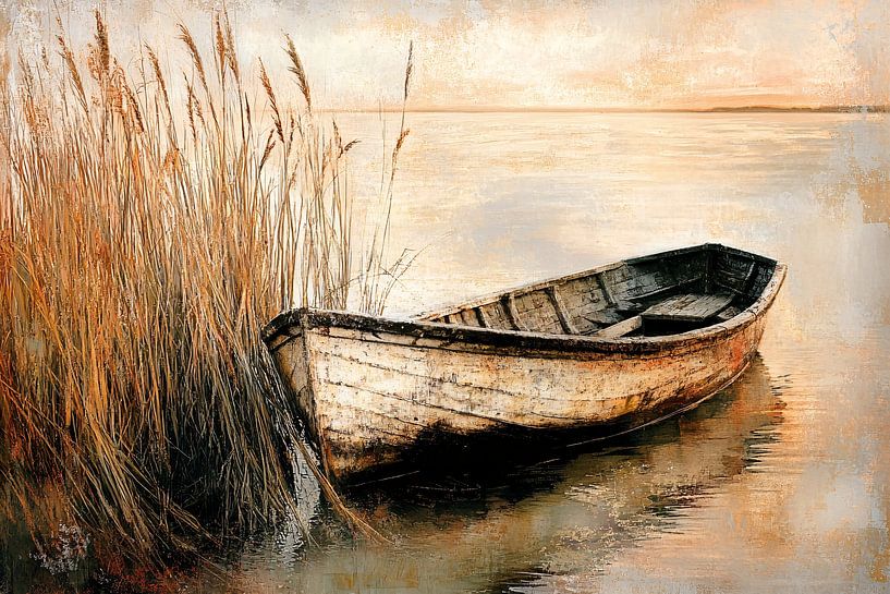 Oude vissersboot bij riet van Art & Soul Creations