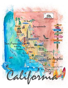 Kalifornien-Illustrierte Karte mit touristischen Highlights und Straßen 2.