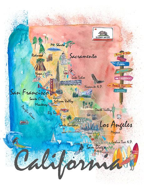 Geïllustreerde kaart van Californië met toeristische hoogtepunten en wegen 2. van Markus Bleichner